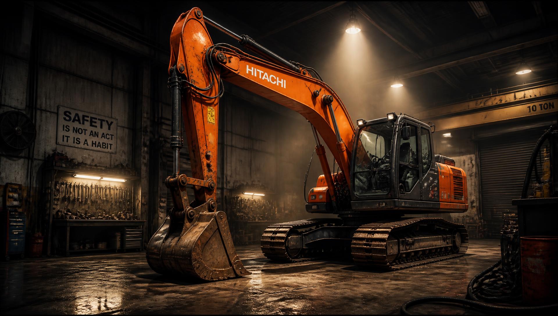 Orange grävmaskin i industriverkstad